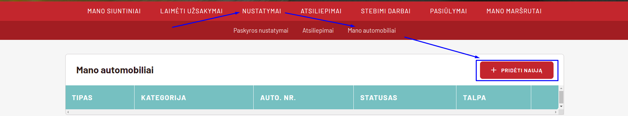 SOSVAN - paskyros nustatymai - automobiliai